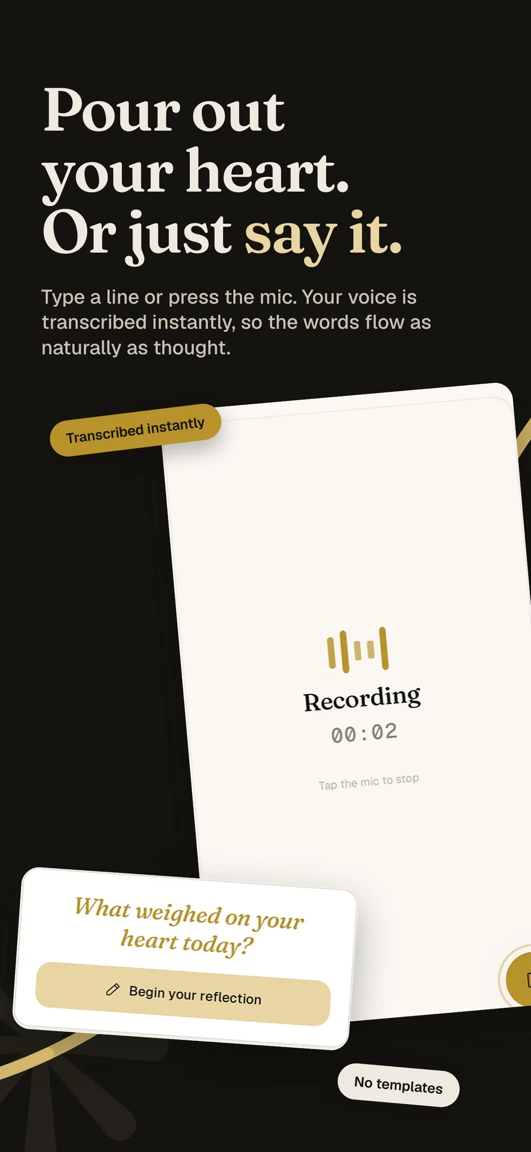 Muhasaba App Store screen: pour out your heart, or just say it — voice transcribed instantly.