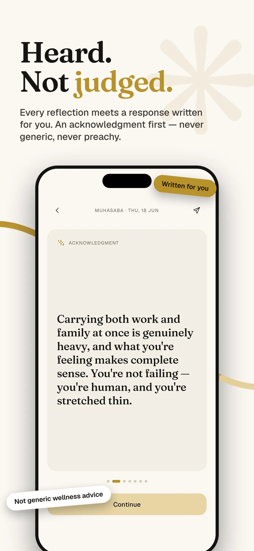 Muhasaba App Store screen: heard, not judged — every reflection meets an acknowledgment written for you.