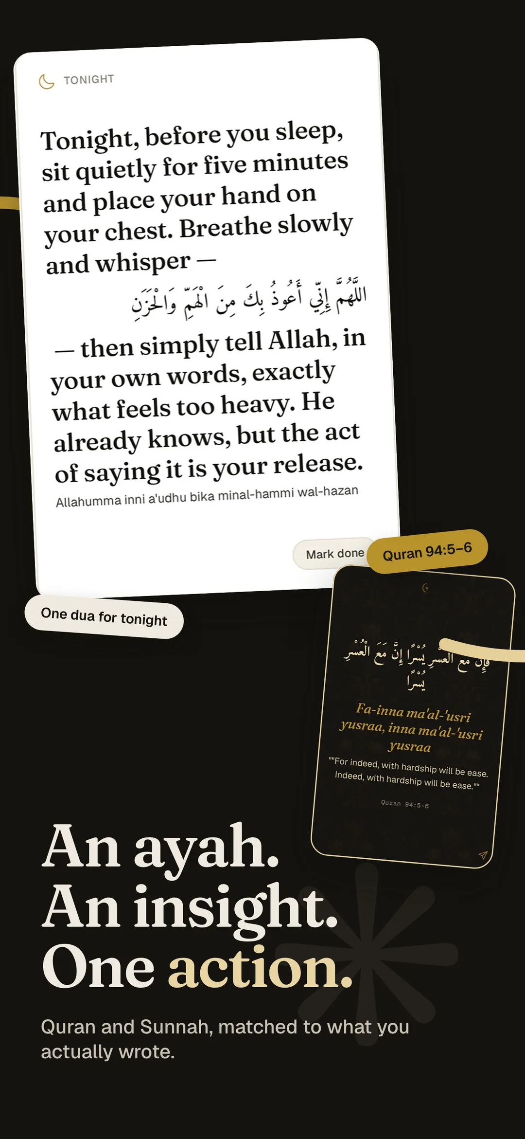 Muhasaba App Store screen: an ayah, an insight, one action — Quran and Sunnah matched to what you wrote.