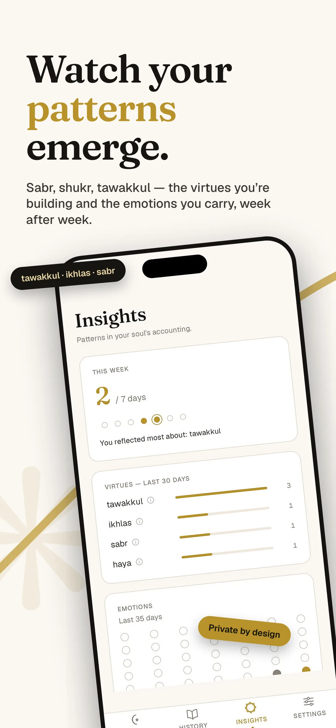 Muhasaba App Store screen: watch your patterns emerge — sabr, shukr and tawakkul tracked week after week.