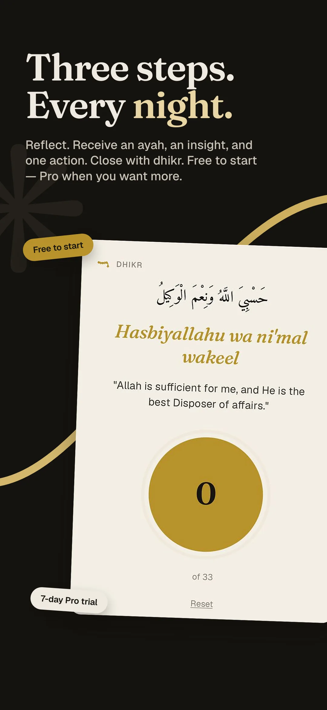 Muhasaba App Store screen: three steps every night — reflect, receive, close with dhikr.