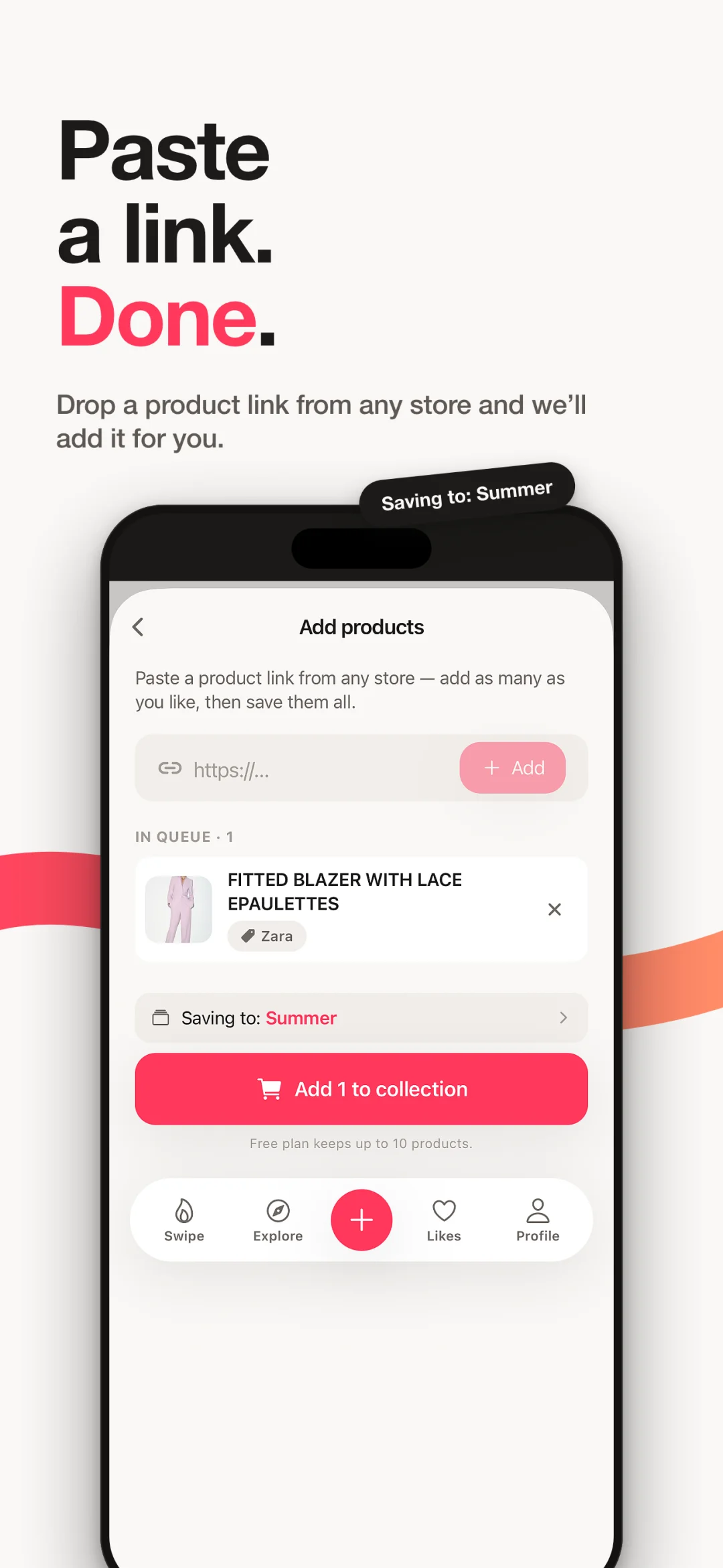 Spree App Store screen: paste a link, done — drop a product link from any store and Spree adds it for you.